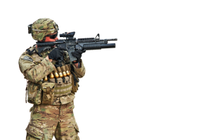 U.S. military soldier aiming a firearm.